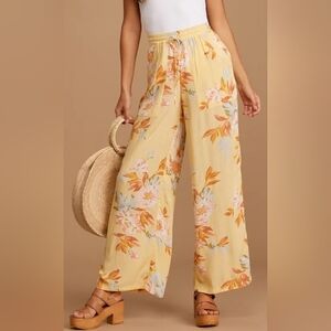 BILLABONG Wandering Heart Yellow Floral Print Wide Leg Pants